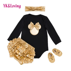 Комплект черной одежды YK  Loving для девочек, с золотистыми цветами + золотистые туфли + повязка на голову, 4 шт., для девочек 0-2 лет, новинка 2017, F3011