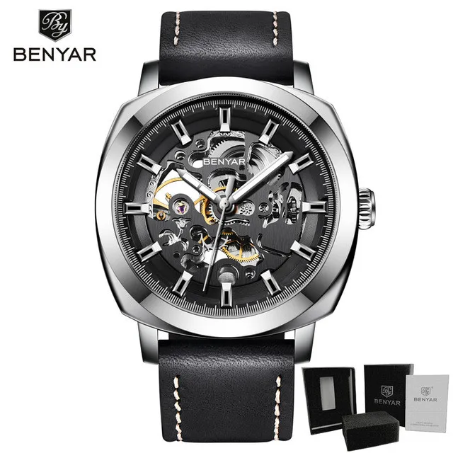 silver black BENYAR новые модные механические мужские часы водонепроницаемые классические Топ брендовые Роскошные автоматические деловые мужские наручные часы Relogio Masculino - Цвет: silver black
