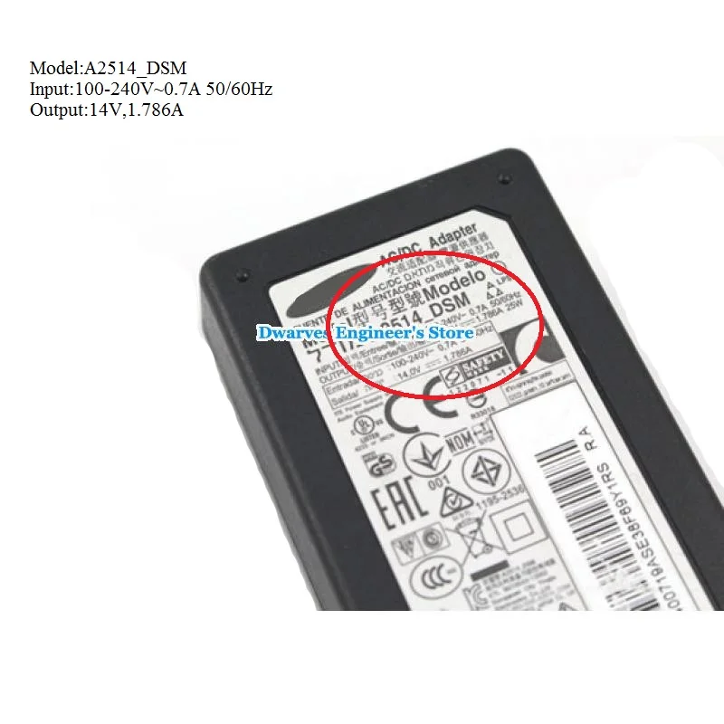 A2514_DSM 14V 1.786A 25W AC/DC адаптер для SAMSUNG S24D300H C27F398FWN светодиодный светильник S22C S23C S24C S27C ЖК-монитор зарядное устройство