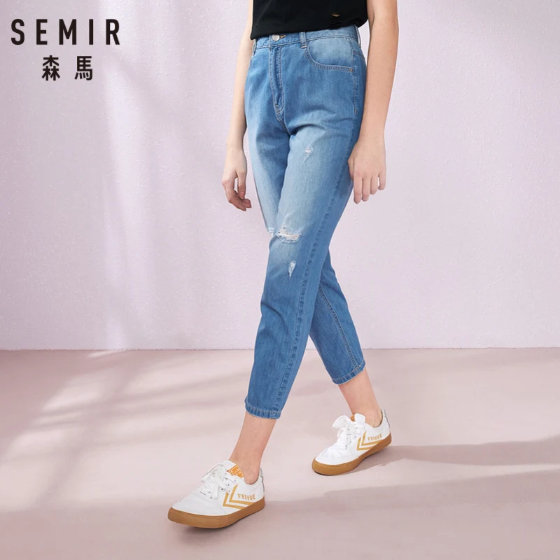 Женские джинсы с дырками SEMIR черные рваные брюки в стиле бойфренда лето 2019 |