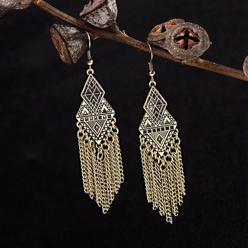 OIQUEI индийские ювелирные украшения Jhumka Boho винтажная Длинная цепочка серьги с