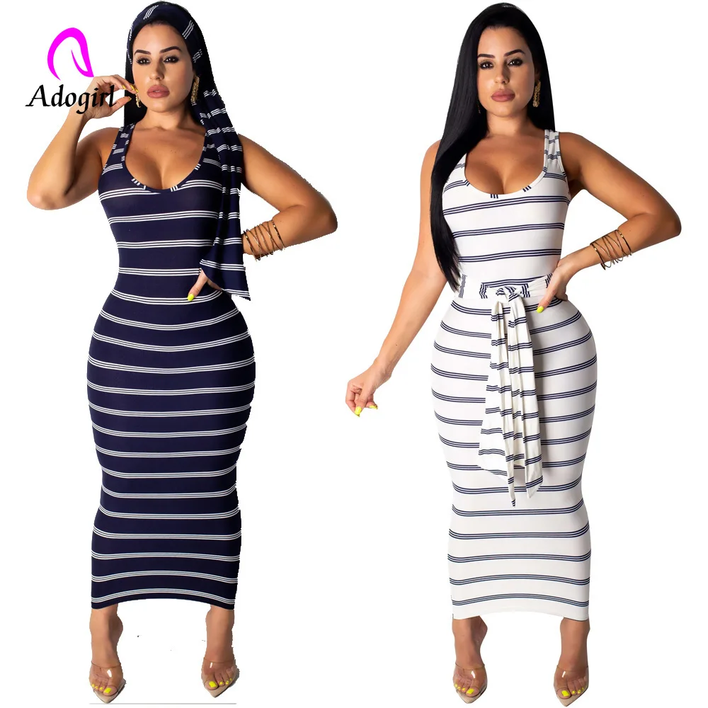 Темно синее повседневное женское Бандажное облегающее летнее платье в полоску