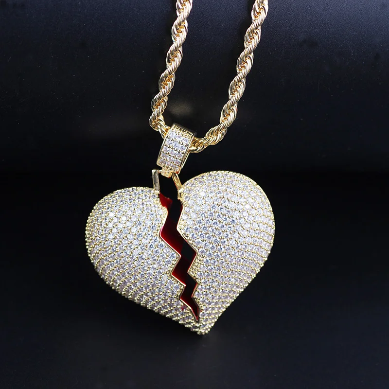 Fashion Broken Heart Iced Out Chain Pendant Necklace Statement Gold Color Cubic Zircon Hip Hop Men's Jewelry Gift | Украшения и