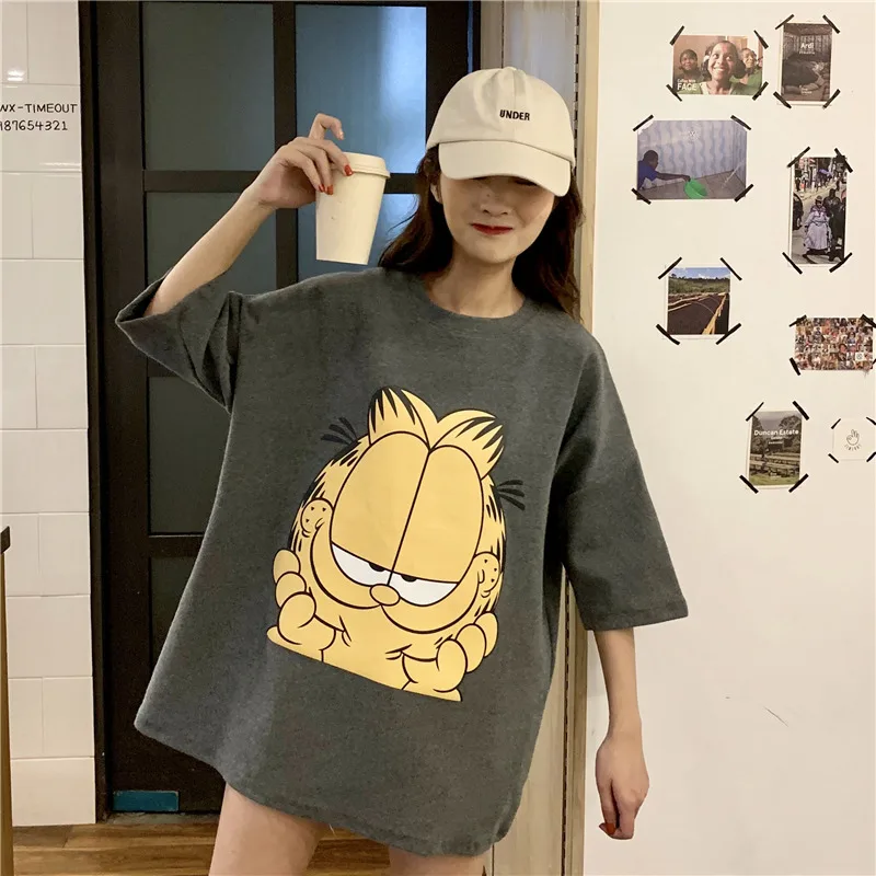 Женская хлопковая рубашка Garfield футболка с мультяшным принтом женская одежда