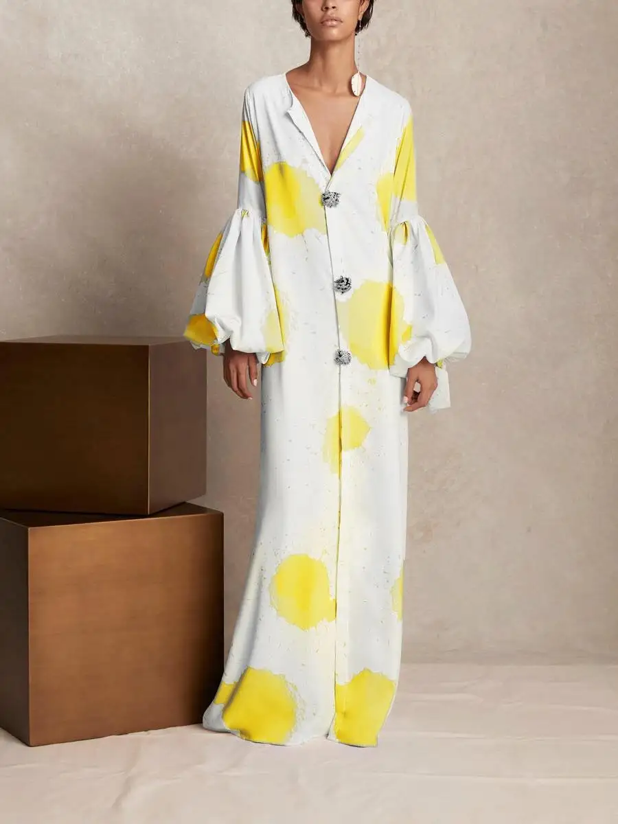 Женское платье с v-образным вырезом и принтом Открытое расклешенными рукавами