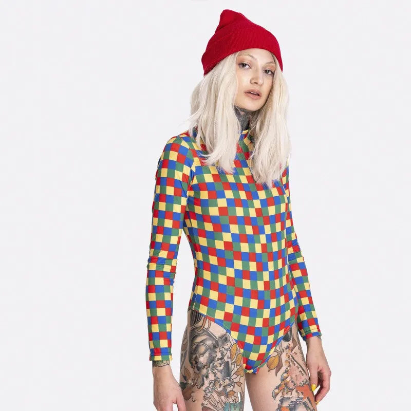 Мода 2019 новый цветной клетчатый боди с высоким воротником женские летние