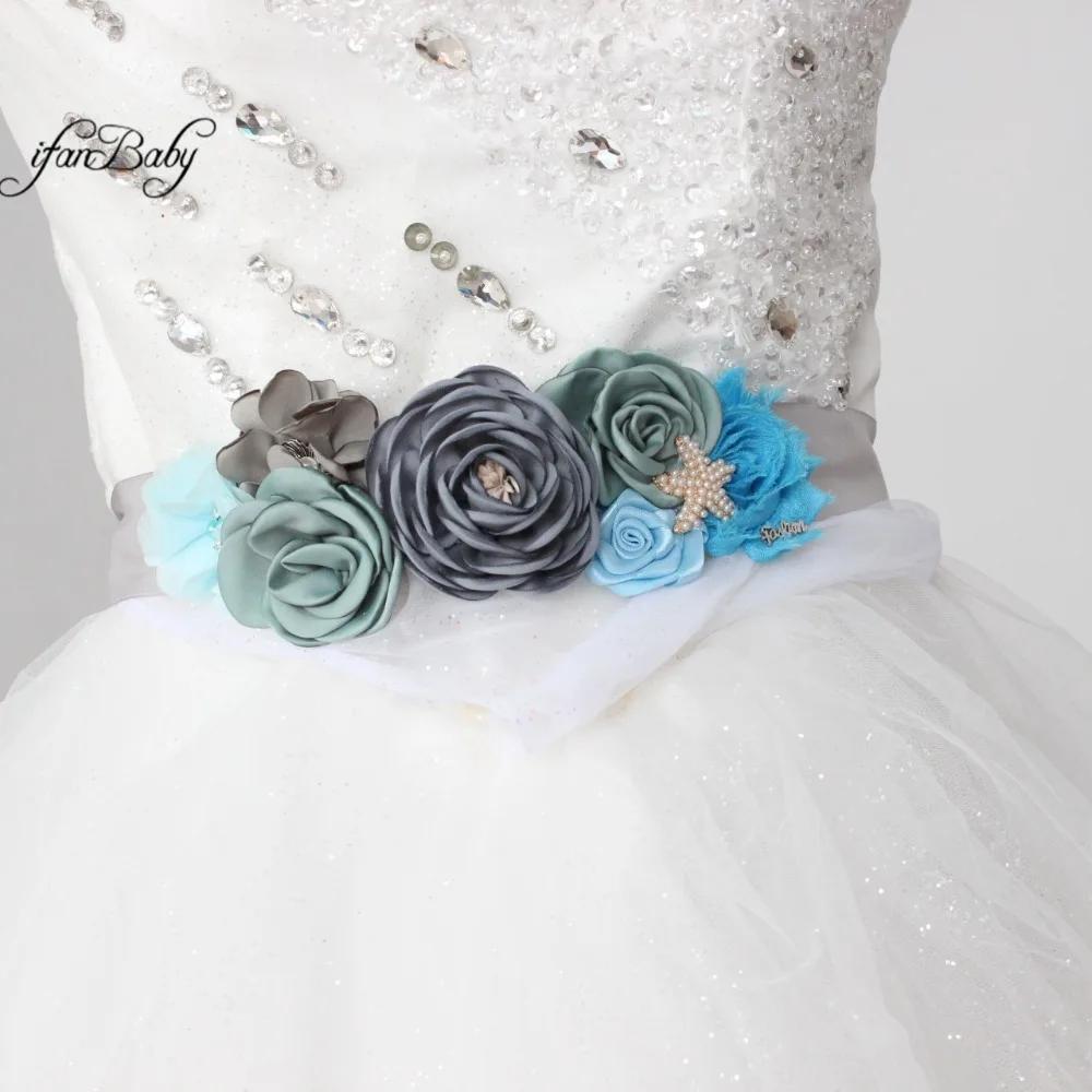 Blue Grey sash belt Beach Flower Sash for Bridal wedding with rhinestone flower headband Maternity female | Аксессуары для одежды