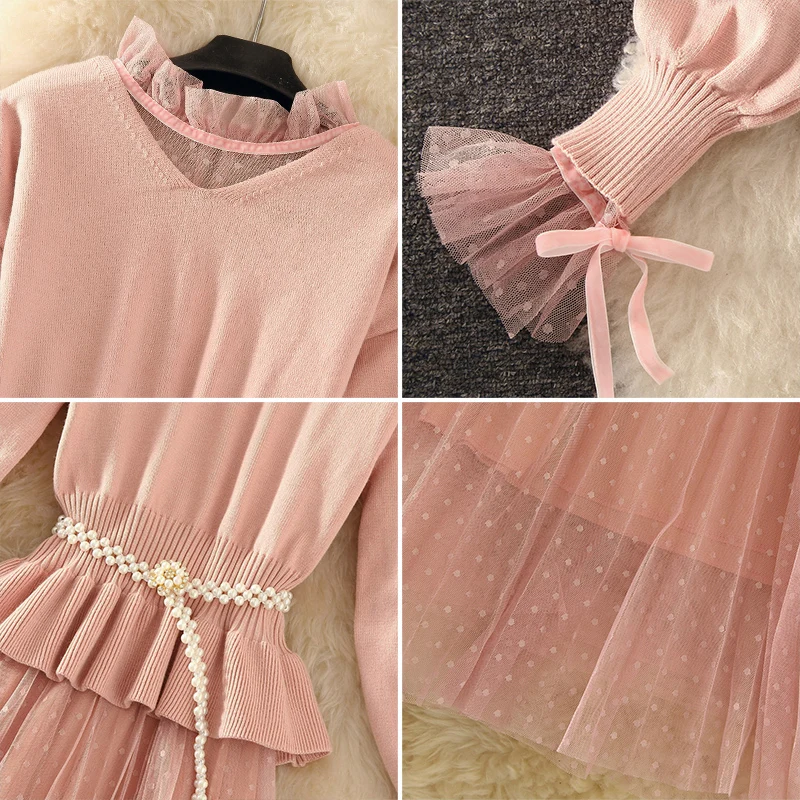 Two Piece Set Women Spring Autumn Dress 2020 Sweater Tops Korean Vintage Mesh black Elegant Ladies Dresses Vestidos MY2367 |