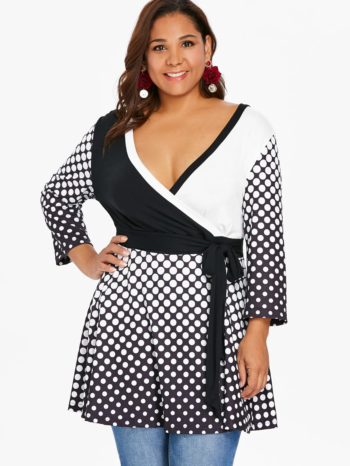 Wipalo Plus Size 5XL Long Sleeve Peplum T-Shirt Polka Dot Open Back Tunic Deep V Neck Surplice Tee Big Women Tops | Женская одежда