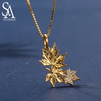 sa silverage real 925 sterling silver yellow gold color maple leaf pendant necklaces woman 925 silver zirconia gold necklace
