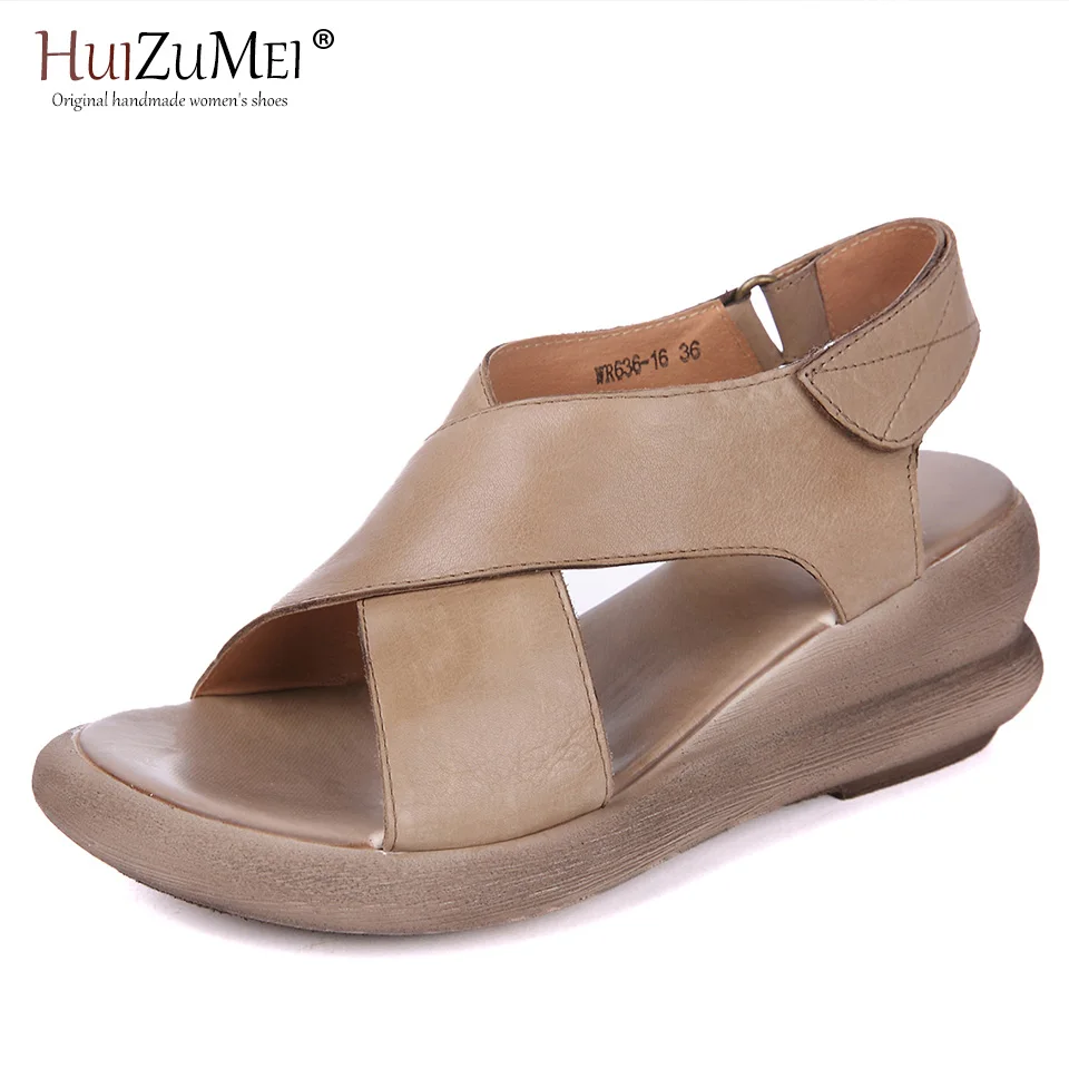 HUIZUMEI Fashion Shoes Women Genuine Leather Hand-made Sandal Summer New Wedges Retro And Stylish Slip-proof For | Обувь