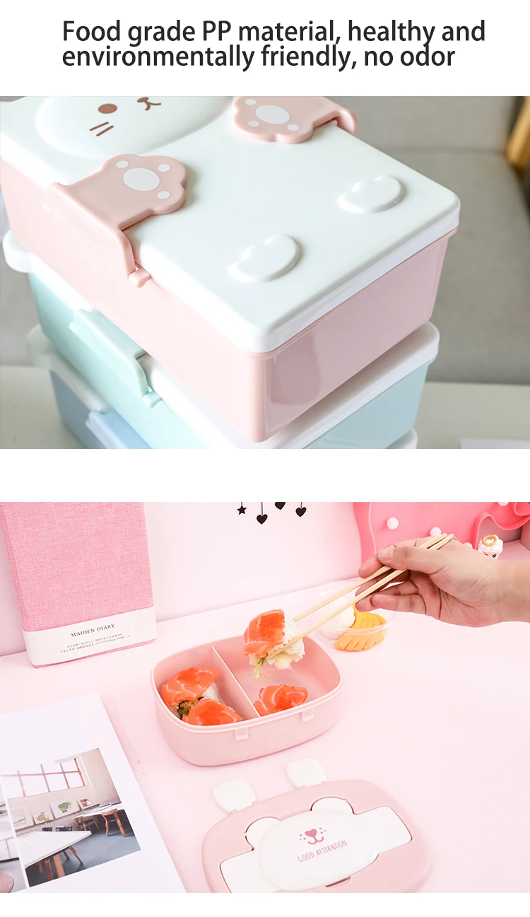 Детские Мультяшные милые коробки Bento, двухслойный пластиковый Ланч-бокс, контейнер для хранения еды, микроволновая печь для детей и школьников