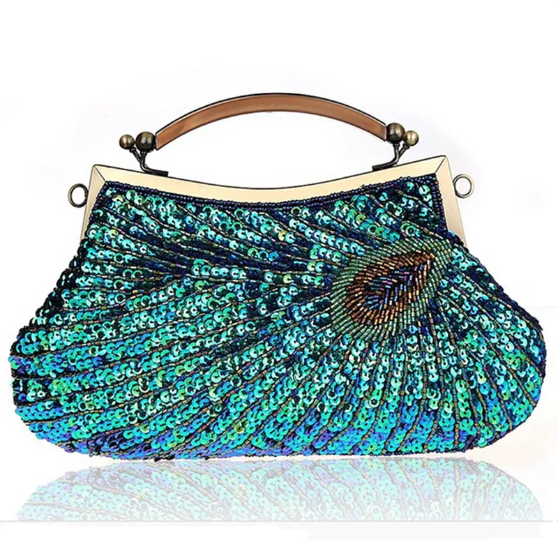 

Handmade beaded sparkling bling satin and sequins lady handbag vintage women shoulder bag evening party clutch purse with chain