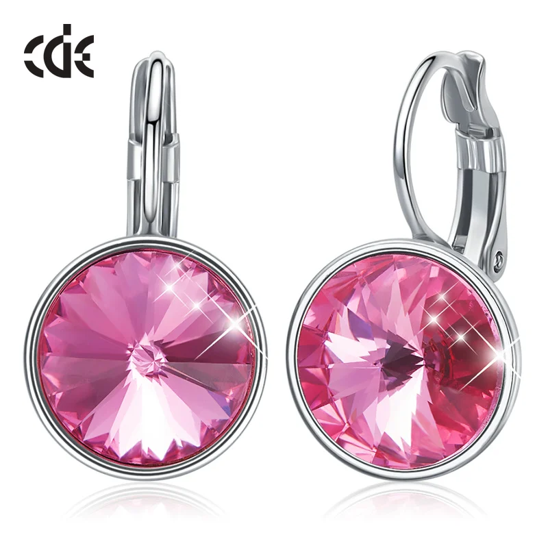 Pink CDE, Женские Висячие серьги, украшенные кристаллами Сваровски, круглые очаровательные Висячие серьги, популярные романтические ювелирные изделия, подарки - Цвет камня: Pink