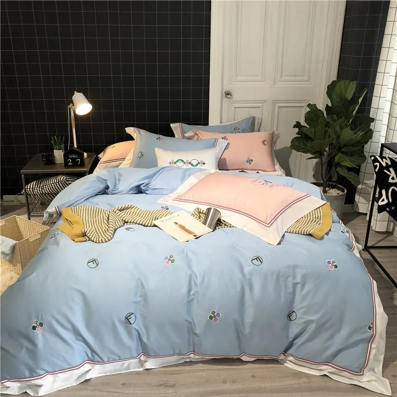 2018 Pink blue Bedding Set Queen King size Bed sheet set Lux