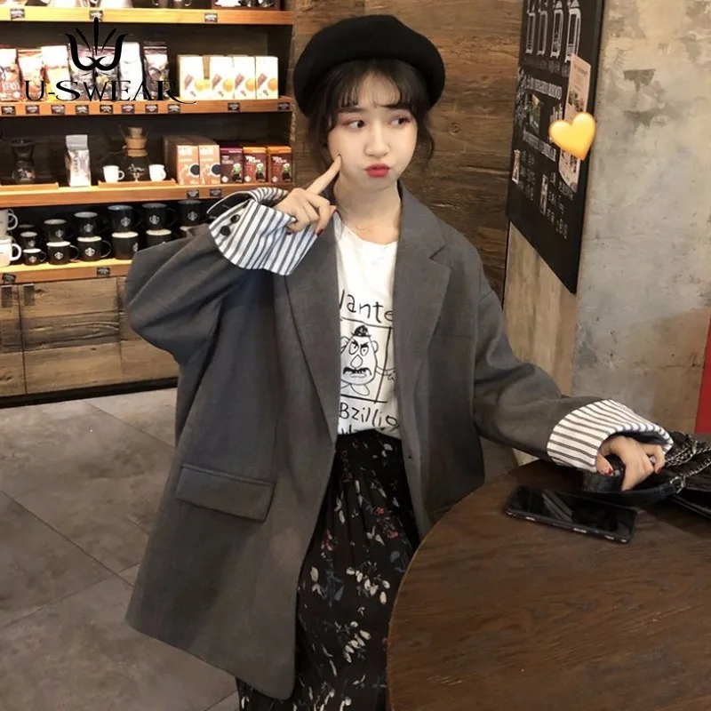 

Женская однотонная длинная куртка U-SWEAR, Свободное пальто с плиссированным рукавом, небольшой офисный костюм для работы, куртки на одной пуг...