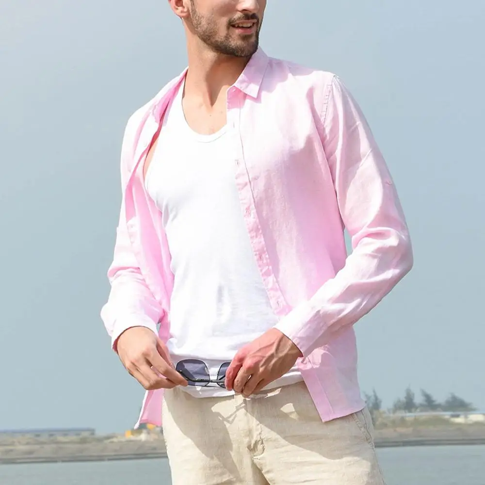 Летние повседневные мужские рубашки с длинным рукавом мешковатые хлопковые и