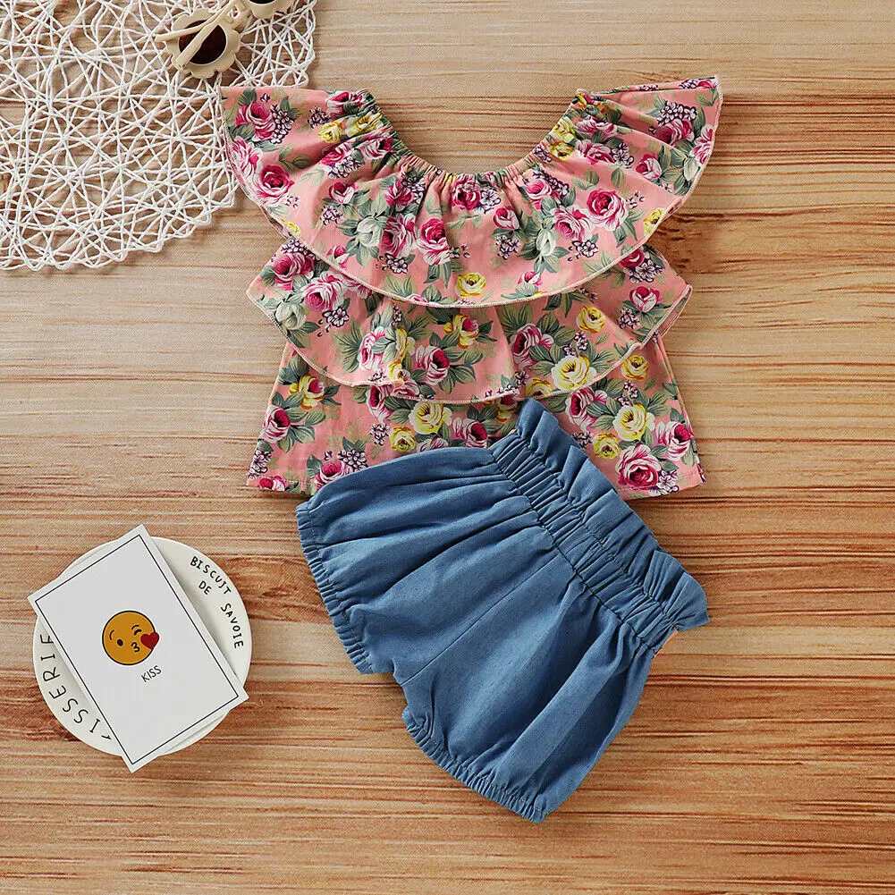 1-5Y Summer Toddler Kids Baby Girl Floral Layered Blouse Tops Shorts Pant Bottom 2PCS Outfits Girls Clothing Set | Детская одежда и