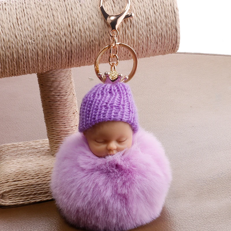 Sleeping Baby Doll Keychain Faux Fur Ball Car Keyring Crown Toy Key Holder Bag Pendant Charm Good Detail Accessories 6C0835 | Украшения и
