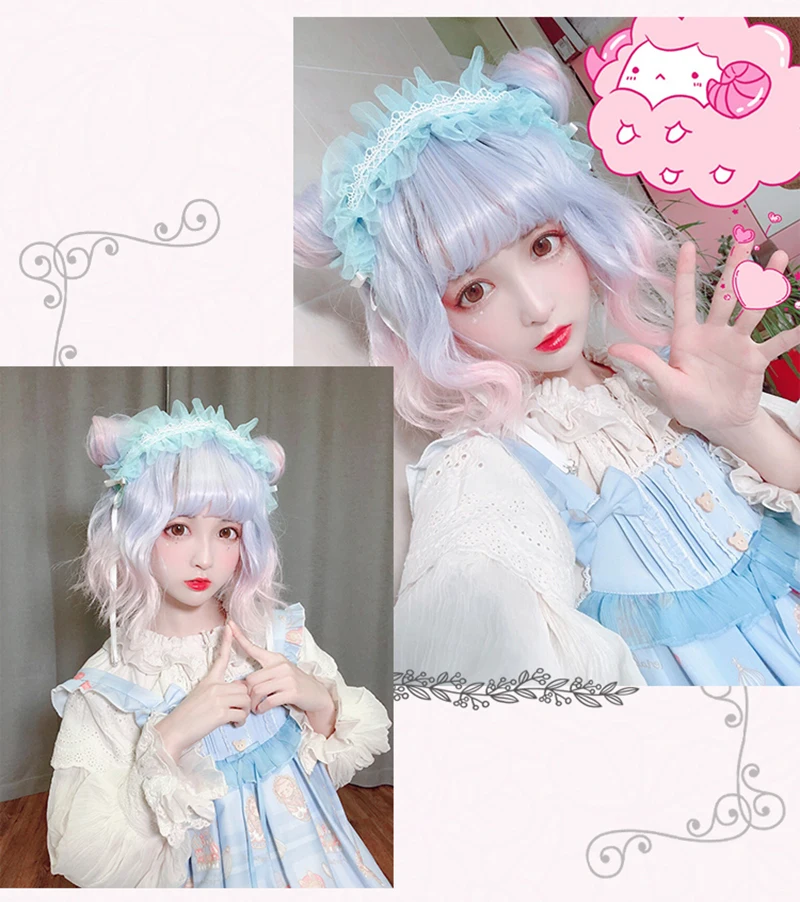 Kawaii красивые короткие вьющиеся женские волосы голубой уникальный парик