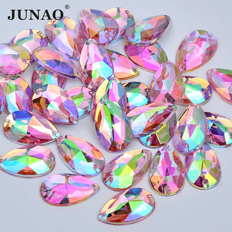 

JUNAO 17*28mm Sew On Pink AB Crystals Big Teardrop Rhinestone Acrylic Strass Appliques Sewing Flatback Stones for DIY Crafts