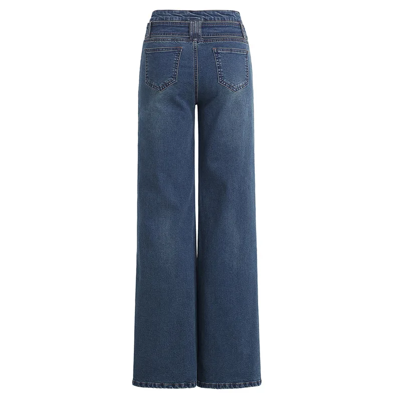

Women Fashion Wide Leg Jeans High Waist Straight Loose Beautiful Office Stretch Dark Blue Jeans S To 5XL Plus Size Long Length
