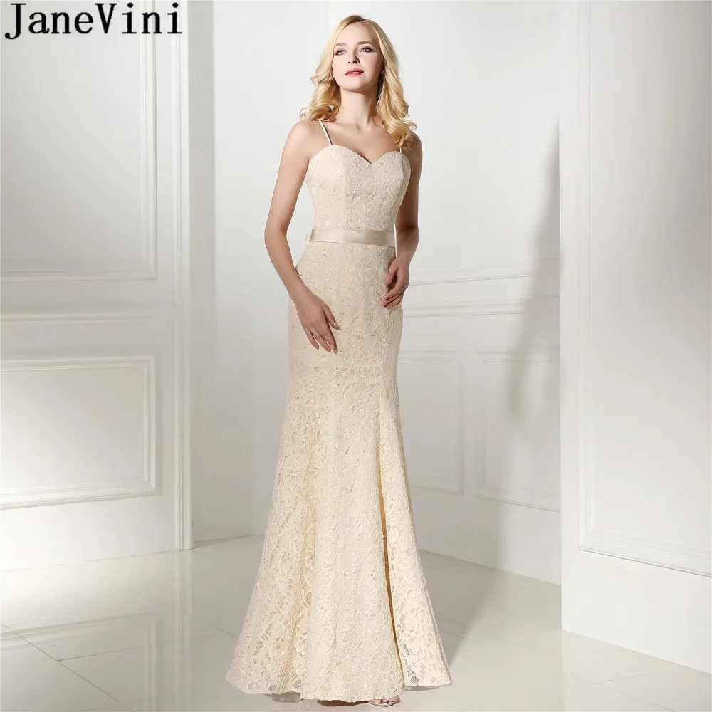 

JaneVini 2018 Champagne Mermaid Lace Bridesmaid Dresses Long Gowns For Women Sequined Spaghetti Straps Sash Wedding Party Dress