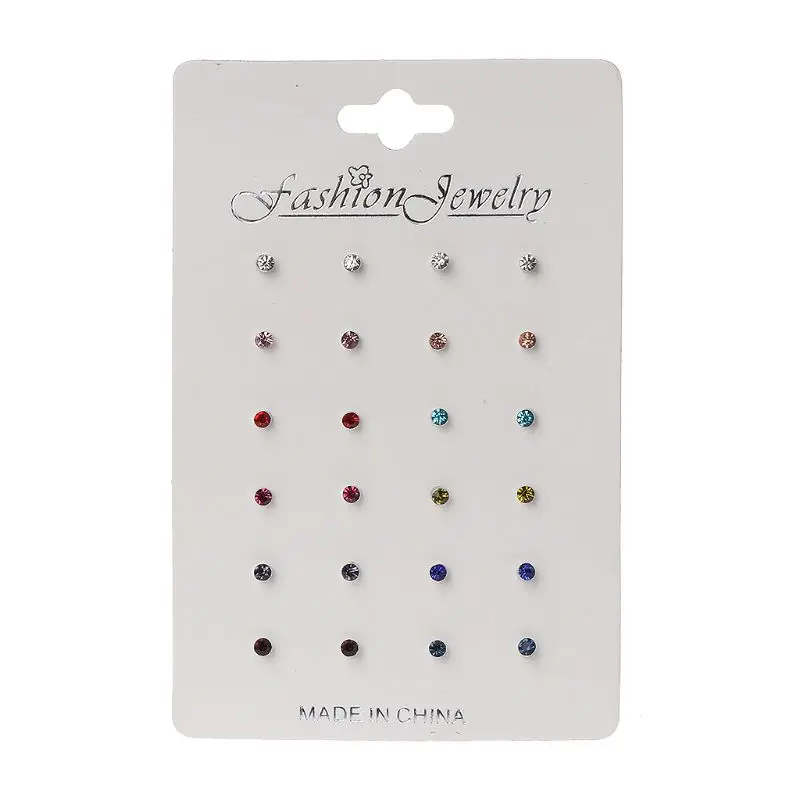 Набор серег гвоздиков с радужными фианитами 12 пар|Серьги-гвоздики| |