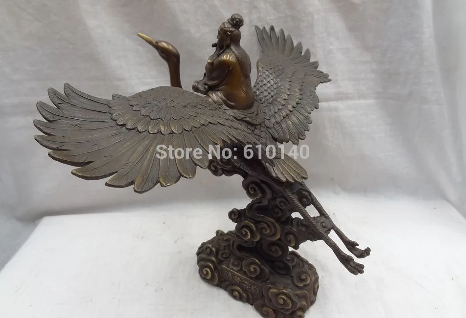 14&quot China Pure Bronze Unhurried Pipe Taoist Priest Ride Fly Crane Cloud Statue | Дом и сад