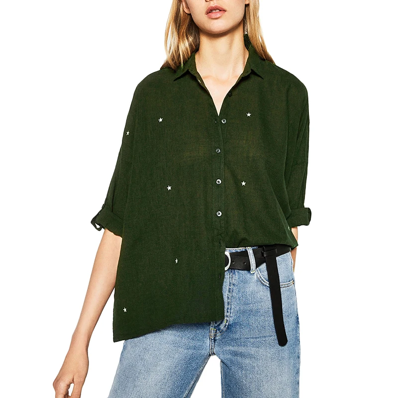 Women star embroidery loose shirts half sleeve turn down collar elegant blouse ladies casual office wear tops blusas LT1166 |
