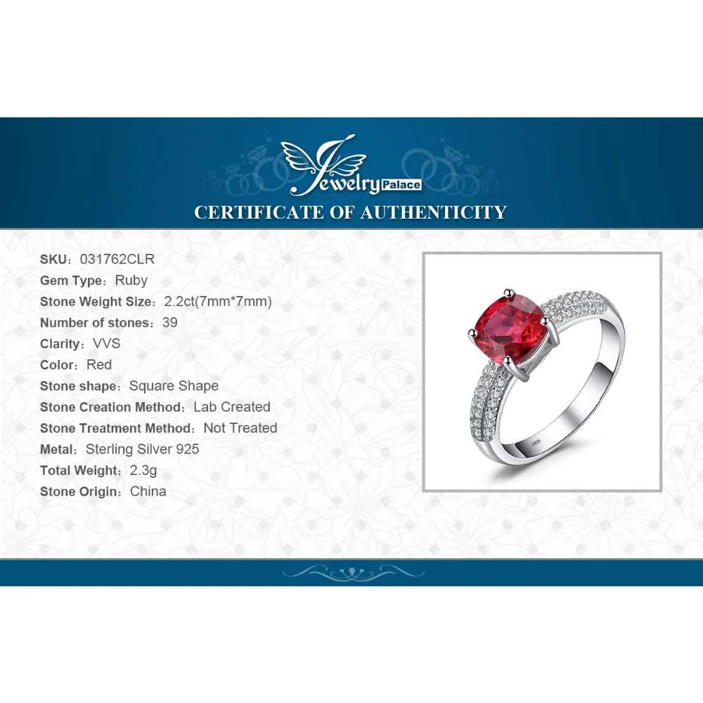 Jewelrypalace Подушки 2.6ct создан красный рубин Solitaire Обручение кольцо стерлингового