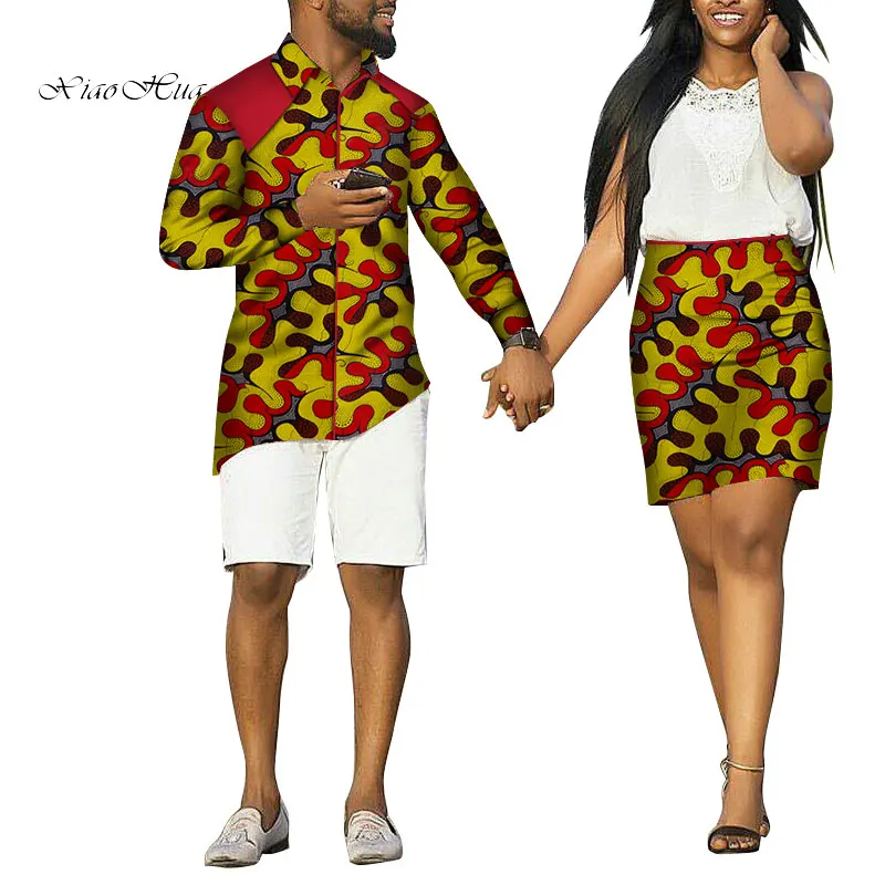 Summer Lovers Couple African Clothes Gift Valentine' Day Long Sleeve Mens Shirt Coat and Women Skirt Causal Set Plus Size WYQ190