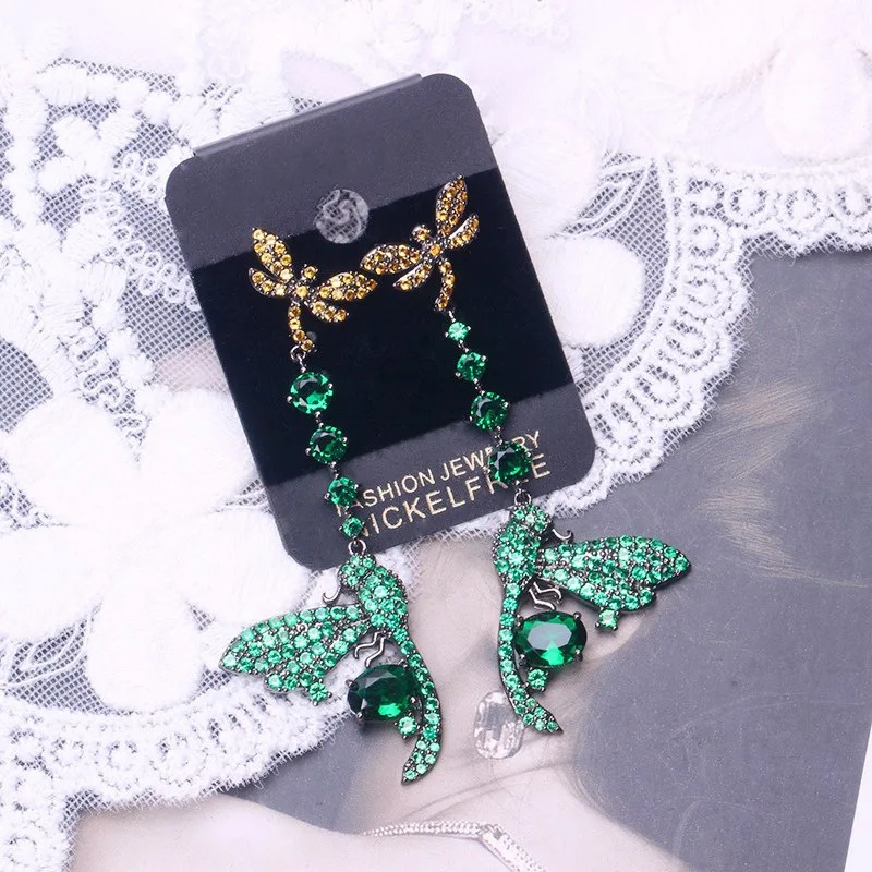 

Bilincolor trendy high quality double dragonfly cz green drop earring for women