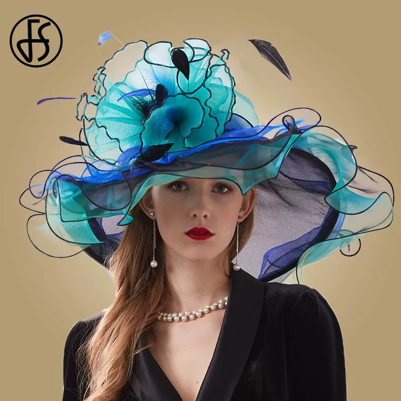 Blue Green Sun Hat FS розовый Кентукки Дерби шляпа для женщин органзы с большими широкими полями пляжные шляпы с цветами элегантные женские свадебные церковные вечерние фетровые шляпы - Цвет: Blue Green Sun Hat