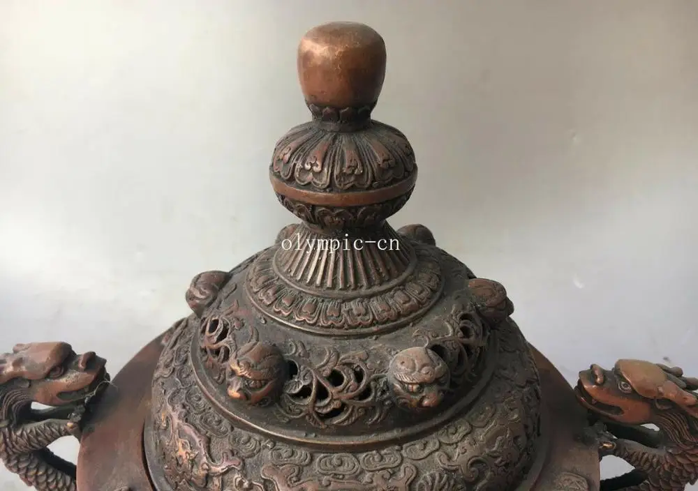 11 ''Красный медный резной Тибетский буддизм благоприятное животное дракон foo