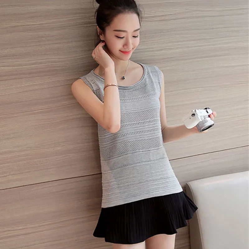 

New Women Knitted T-shirt Summer 2020 Fresh All-match Vest Hollow-out Sleeveless Loose Slim Thin Slim Knitting Tops Tees Female