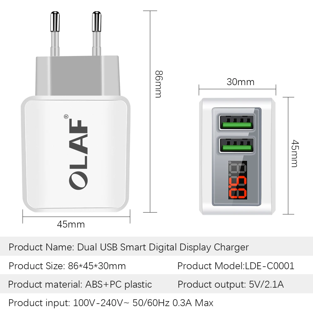 Olaf 2 порта USB зарядное устройство для Samsung Xiaomi Huawei светодиодный дисплей умные