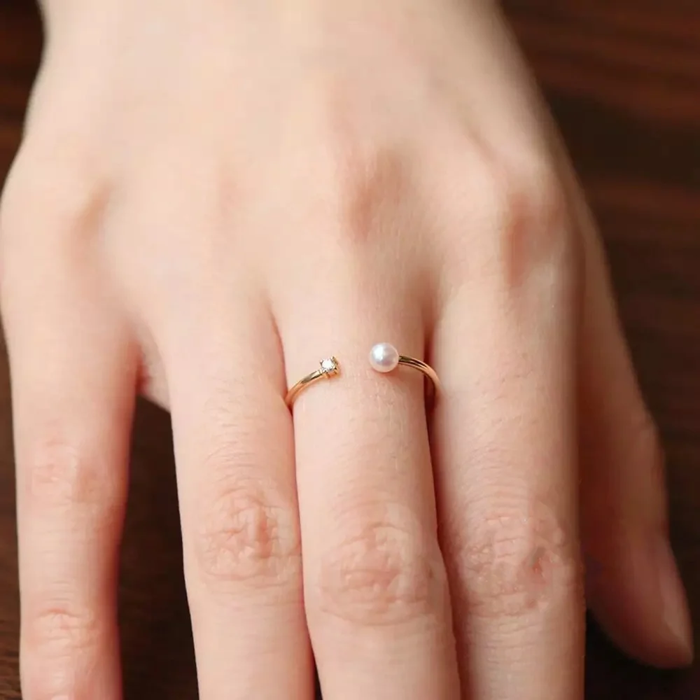 New Plated 14K Yellow Gold Ring Japanese Light Luxury Natural Shell Pearl with Diamond Open Rings Jewelry | Украшения и