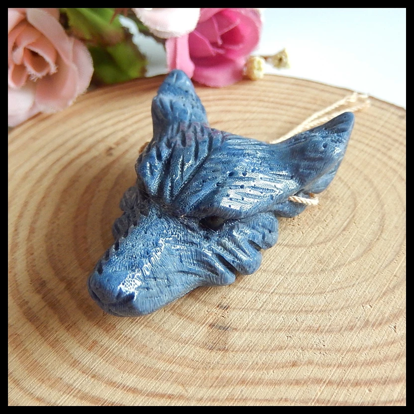 

Natural Stone Carved wolf head blue coral Pendant,Popular jewelry Natural Gemstone,46x35x15mm,21.4g