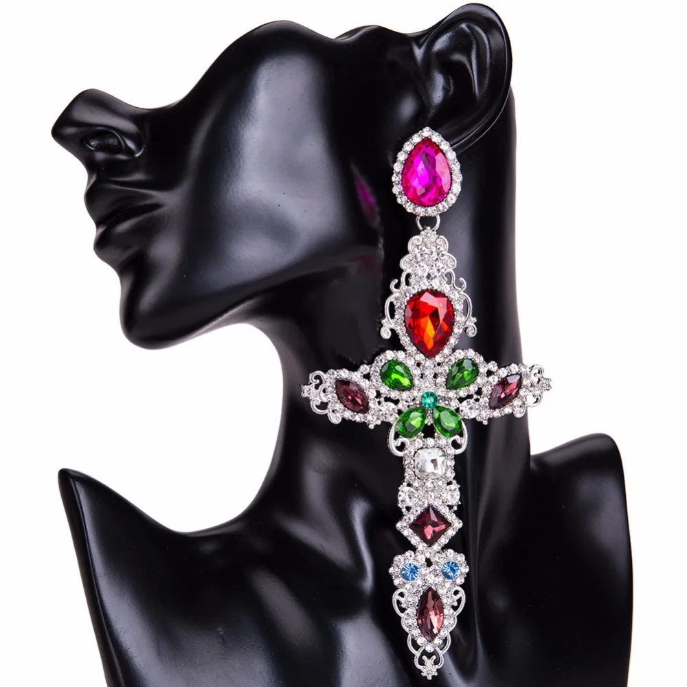 Gorgeous Gothic Rhinestone Crystal Big Cross Earrings for Women Fashion Baroque Drop Dangle Ethnic Jewelry | Украшения и