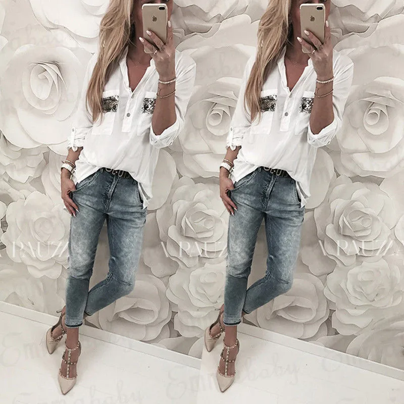 

Fashion Ladies Casual Tops V Neck Shirt New 2018 Women Summer Loose Long Sleeve Sequins Pocket Top Blouse Ladies OL Office Shirt