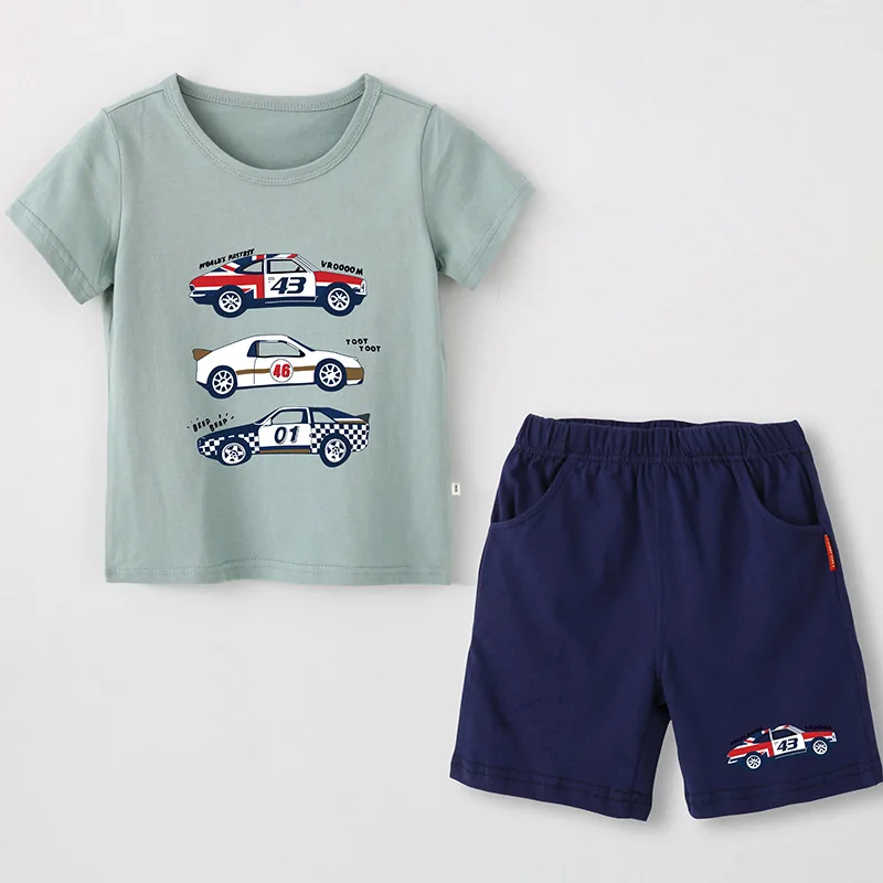 Summer New Kids Clothes Boys Cartoon Car Tops Short Sleeve T-shirt With Casual Shorts Tracksuit 2pcs Outfits Set |
