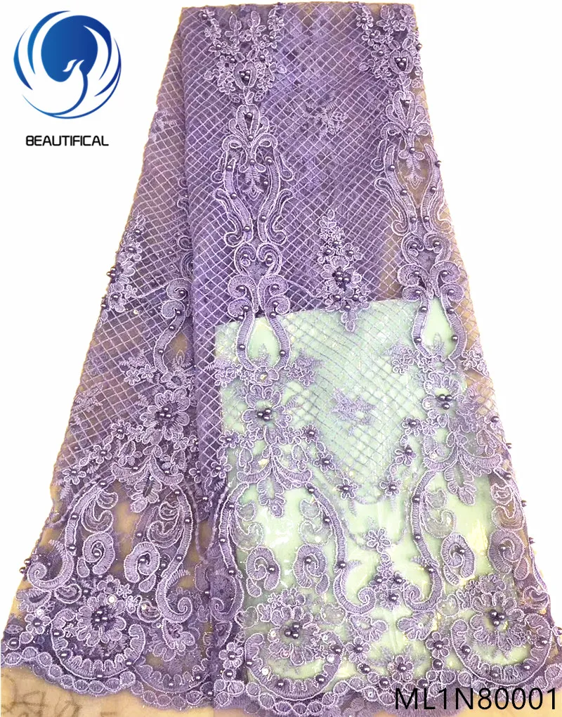 

BEAUTIFICAL lace nigerian fabrics Top sale tulle lace embroidery beads fabric for dress lace sequins fabric 5yards ML1N800