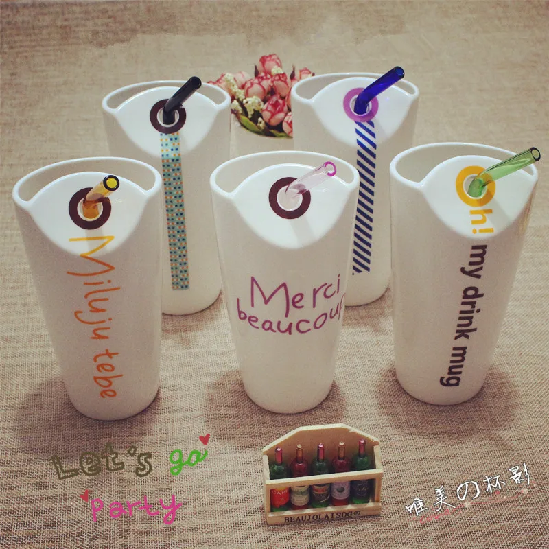 

450ml Ceramic Coffee Milk mug Individuality Brief Lovers Large Capacity Belt Straw Adult Drink Mug
