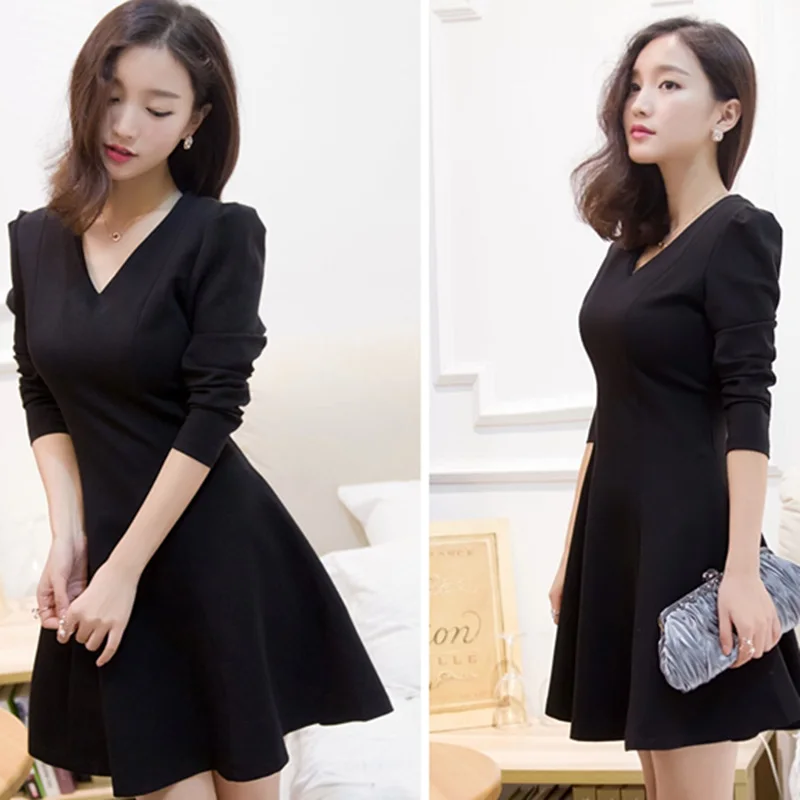 Little Black Dresses Hot Women Fashion Cute Sweet Girls Fall Winter Basic Dress Elegant Office Lady V Neck 191 | Женская одежда