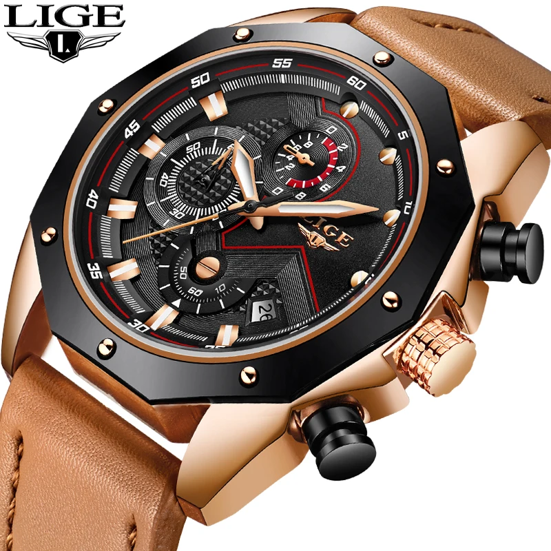 Relogio Masculino LIGE мужские часы Лидирующий бренд роскошные кожаные кварцевые золотые