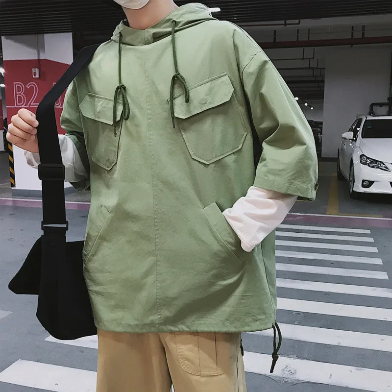 2018 Весна Новый мужской пуловер куртка семь точек рукав с капюшоном СВОБОДНЫЙ