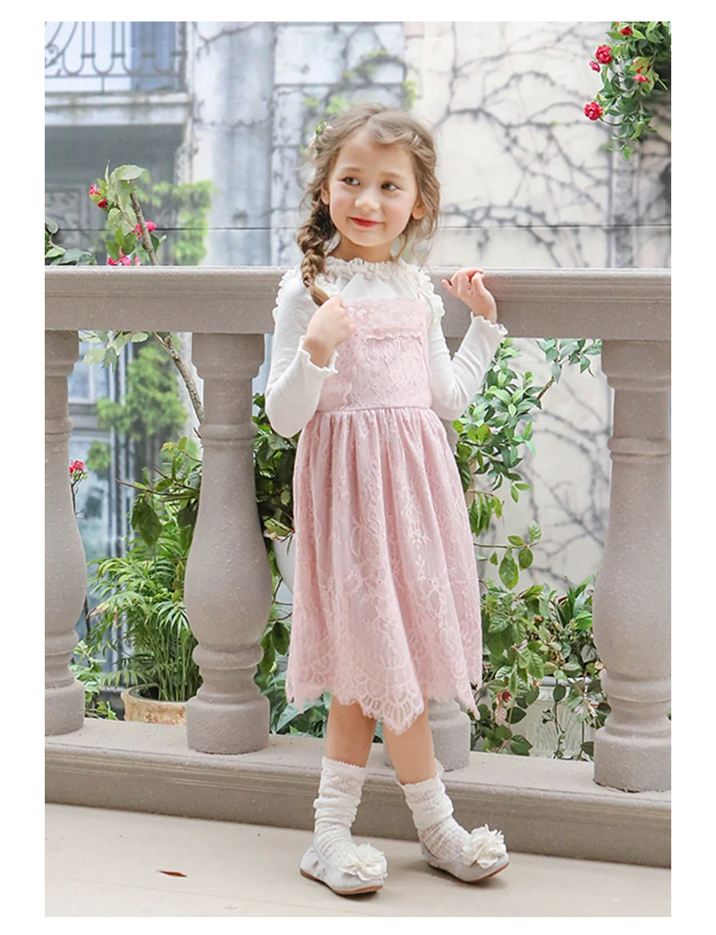 Весна Осень платье на петельках для девочек Новое кружевное с длинным рукавом