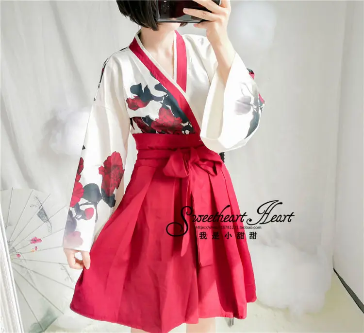 Kimono short dress Японские Женские кимоно кардиган бандажные кимоно для верховой езды пальто юката большой рукав ветер Высокая талия Blet платья Косплей костюмы - Цвет: Kimono short dress