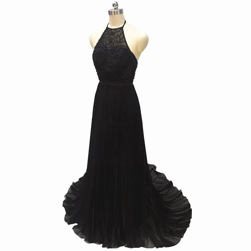 Шифоновые длинные вечерние платья на тонких бретельках черные с бисером 2020